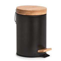 Toilet basket 3l with pedal, metal and bamboo black