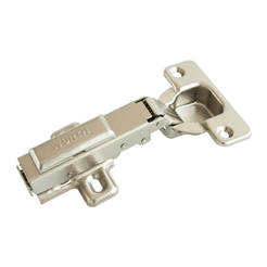 Furniture hinge with low arm and shock absorber for smooth closing