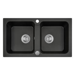 Sink with two sinks polymer granite with automatic siphon, black 44 x 78 x 17 cm, 16333