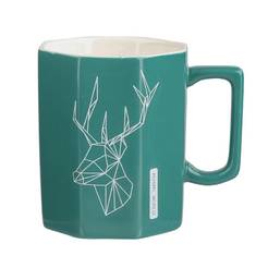 Hot drink cup 320 ml, porcelain octagonal green decor deer