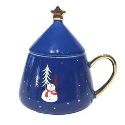 Porcelain cup for hot drinks 300 ml, Christmas tree shape with lid, blue