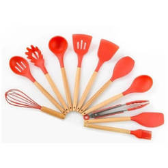 12-piece cooking utensil set with stand, silicone with wooden handles