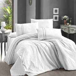 Bedding set 4 pieces 100% satin cotton with pleats and edging Stripe white