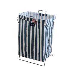 Textile laundry basket with metal frame 35 x 26 x 59 cm, white / blue with striped decor