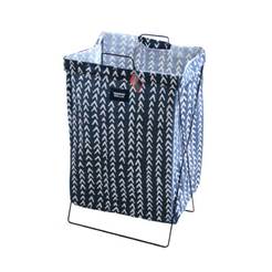Textile laundry basket with metal frame 35 x 26 x 59 cm, white / blue with dark decor