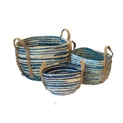 Wicker storage basket large 33 x 27 cm, beige and blue
