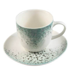 Чайный сервиз - 2 чашки с тарелками, фарфор, зеленый и серебристый.
