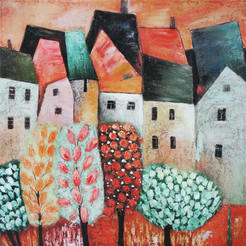 Wall picture 60 x 60cm Houses, canvas print print with relief oil paints